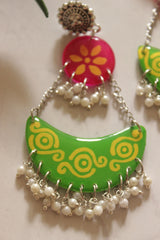 Green and Pink Crescent Moon Handpainted Earrings