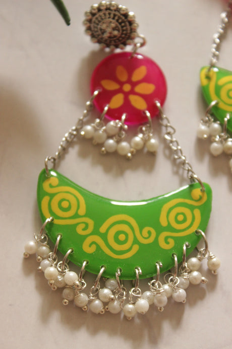 Green and Pink Crescent Moon Handpainted Earrings