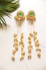 Gold Tone Green Glass Stone Embedded Long Dangler Earrings