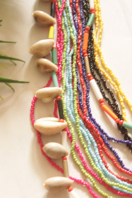 Multi-Color Beads and Cowrie Shells Hand Braided Boho Necklace Set