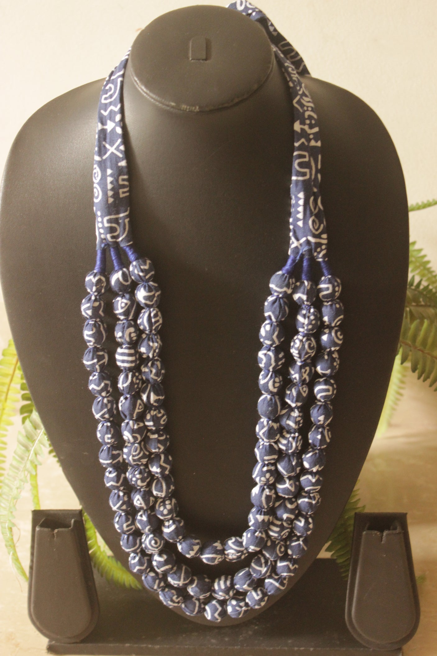 Indigo Fabric Beads 3 Layer Handmade Necklace