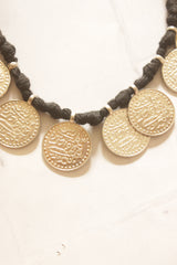 Stamped Metal Coins Braided in Black Fabric Threads Necklace
