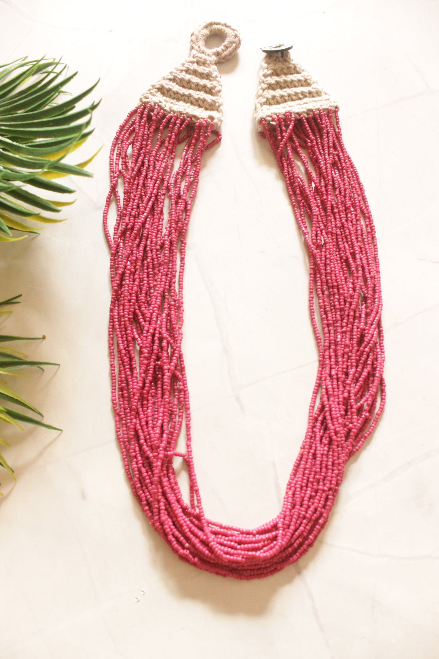 Deep Raspberry Pink Beads Hand Beaded Multi-Layer Necklace