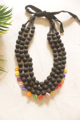 Black Fabric Beads 3 Layer Handmade Necklace