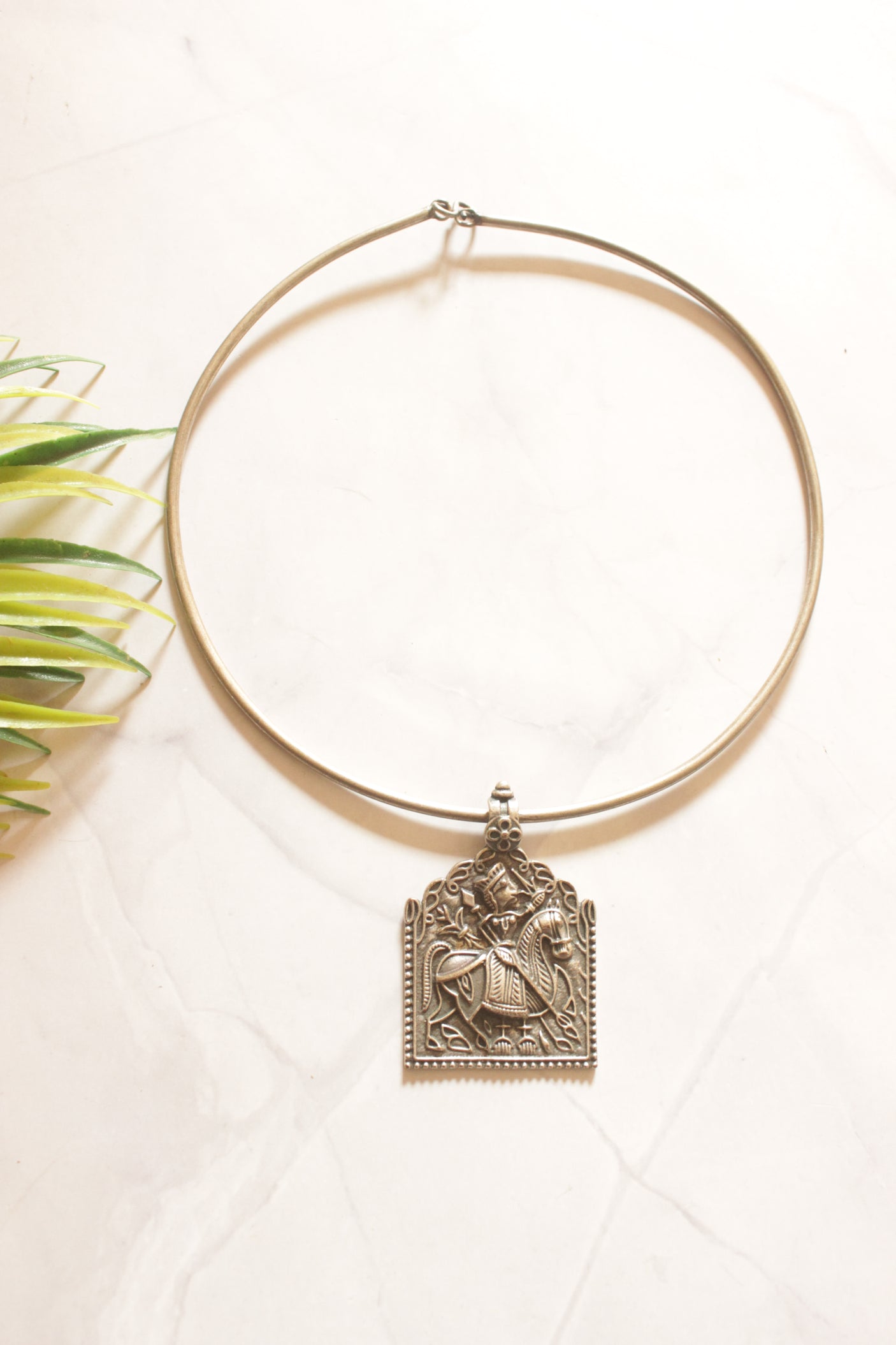 Oxidized Silver Engraved Warrior Pendant Necklace