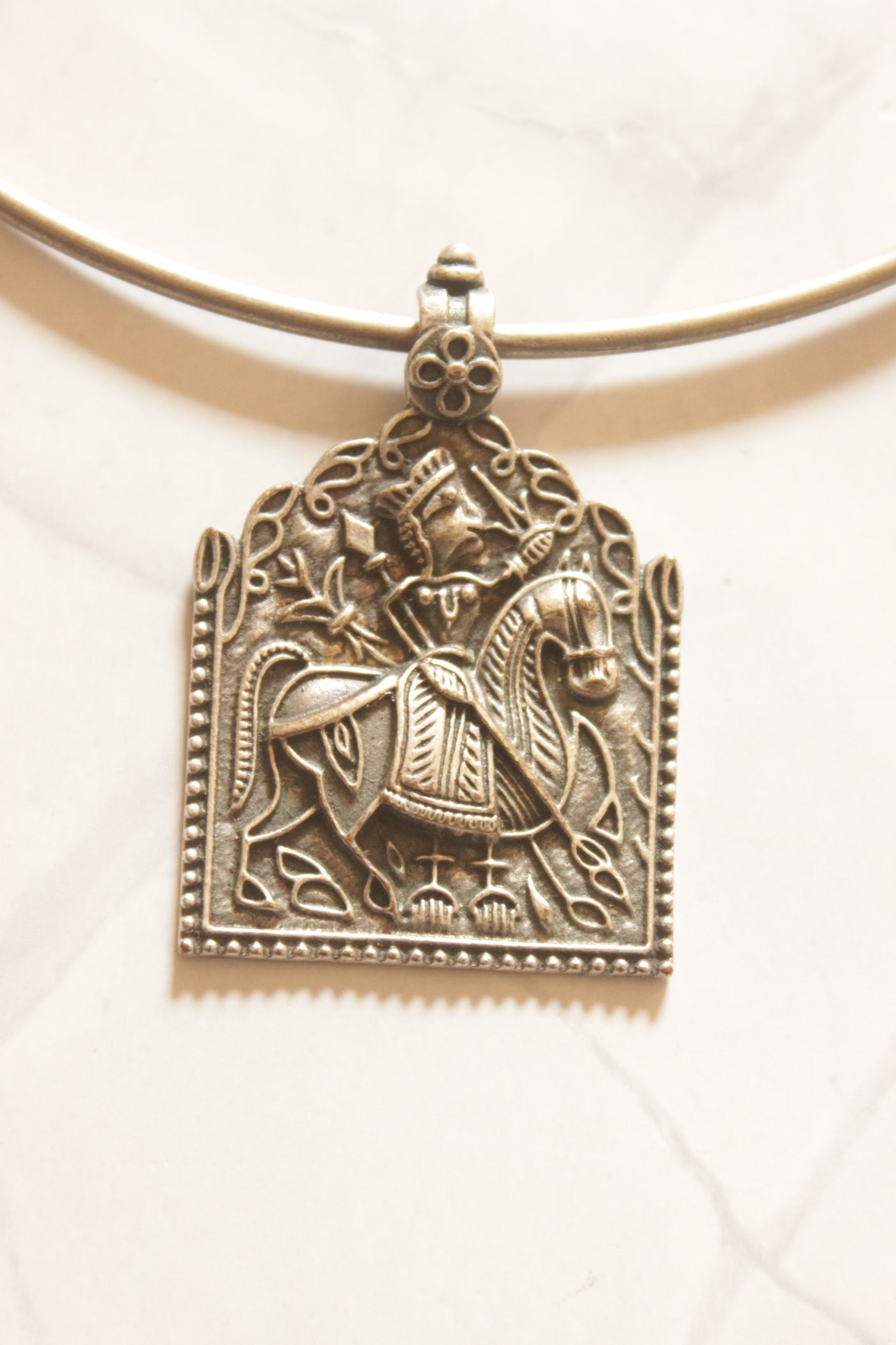 Oxidized Silver Engraved Warrior Pendant Necklace