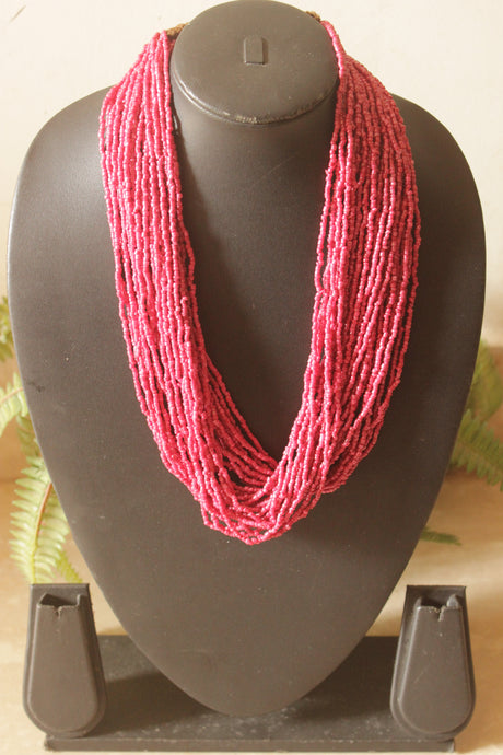 Deep Pink Multi-Layer Beads Hand Braided Boho Necklace