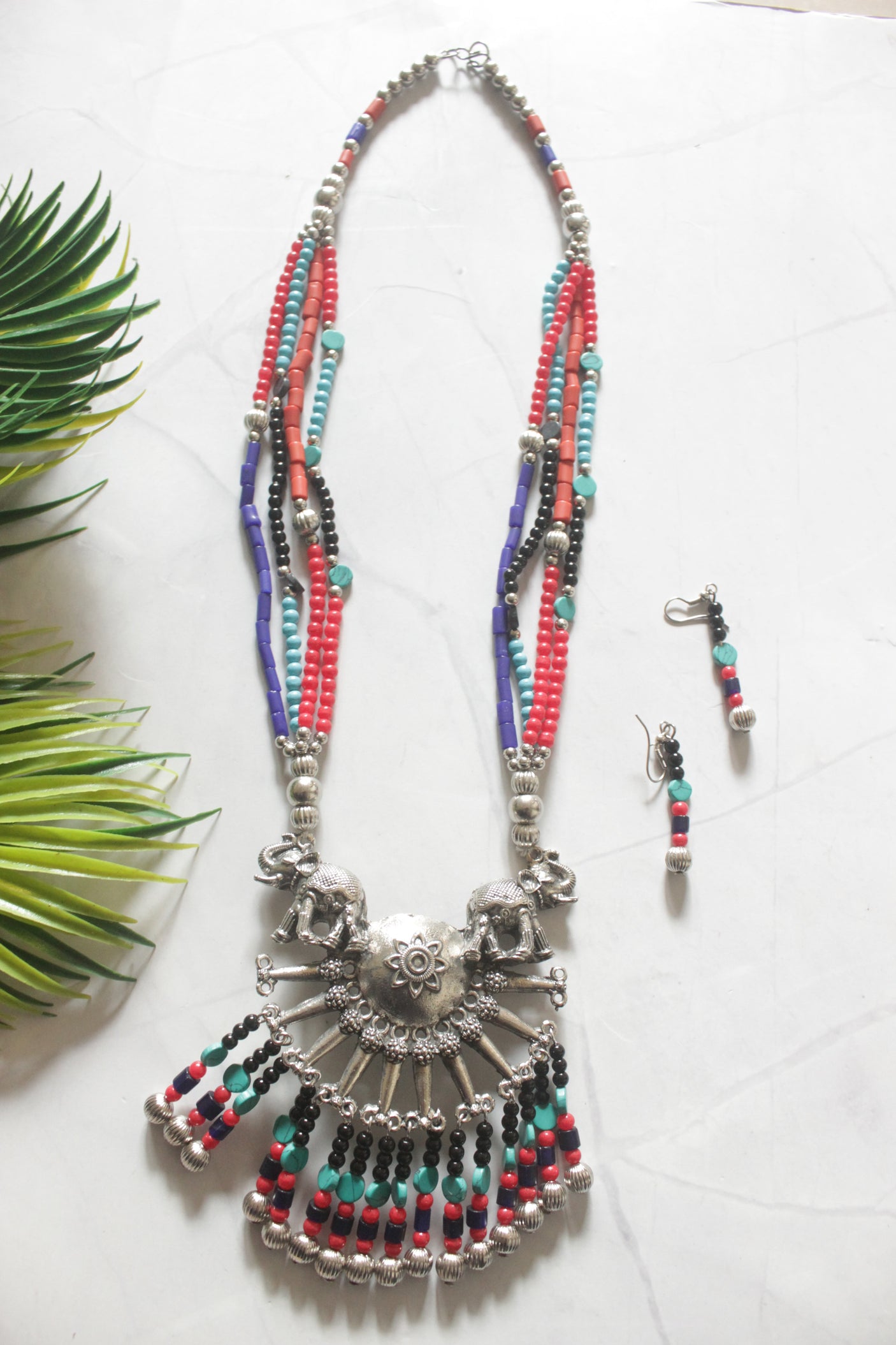Multi-Color Beads Handmade Necklace Set with Statement Metal Pendant