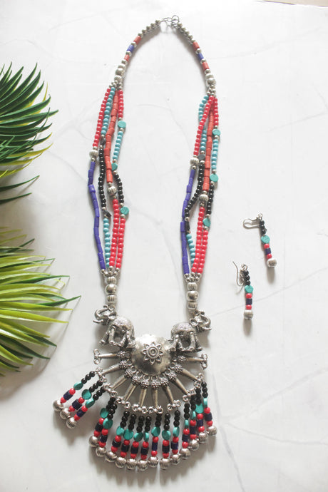 Multi-Color Beads Handmade Necklace Set with Statement Metal Pendant