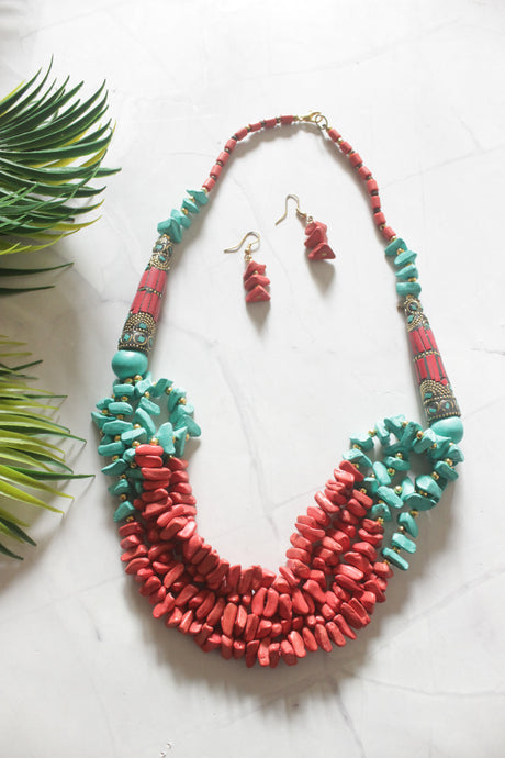 Turquoise and Red Beads Necklace Set