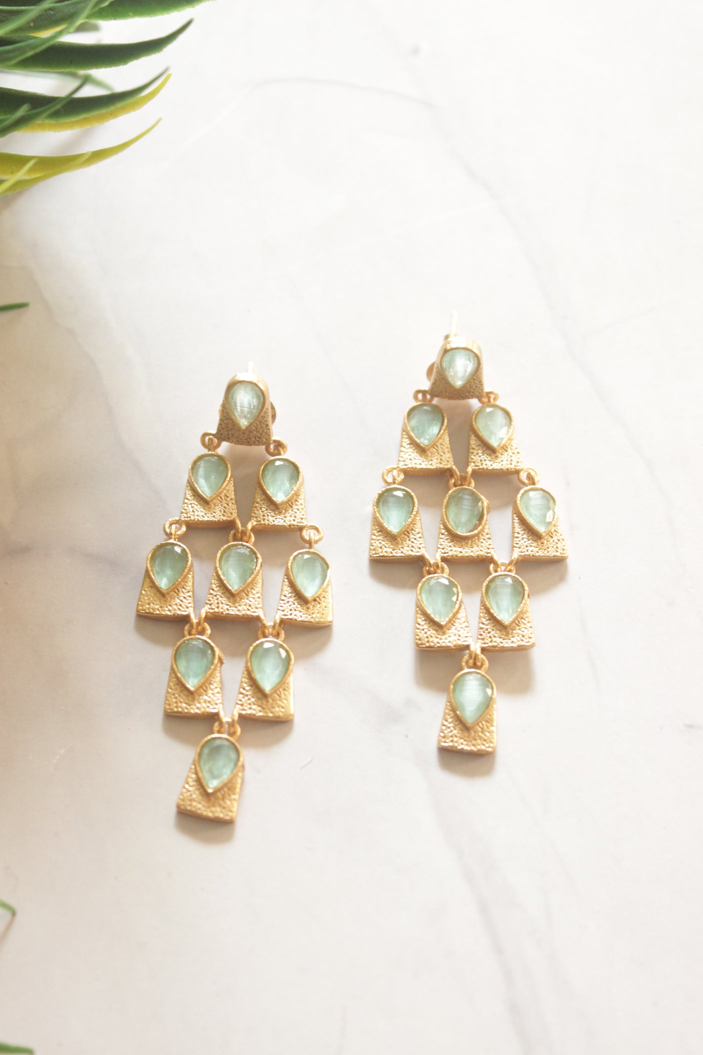 Blue Glass Stones and Metal Golden Earrings