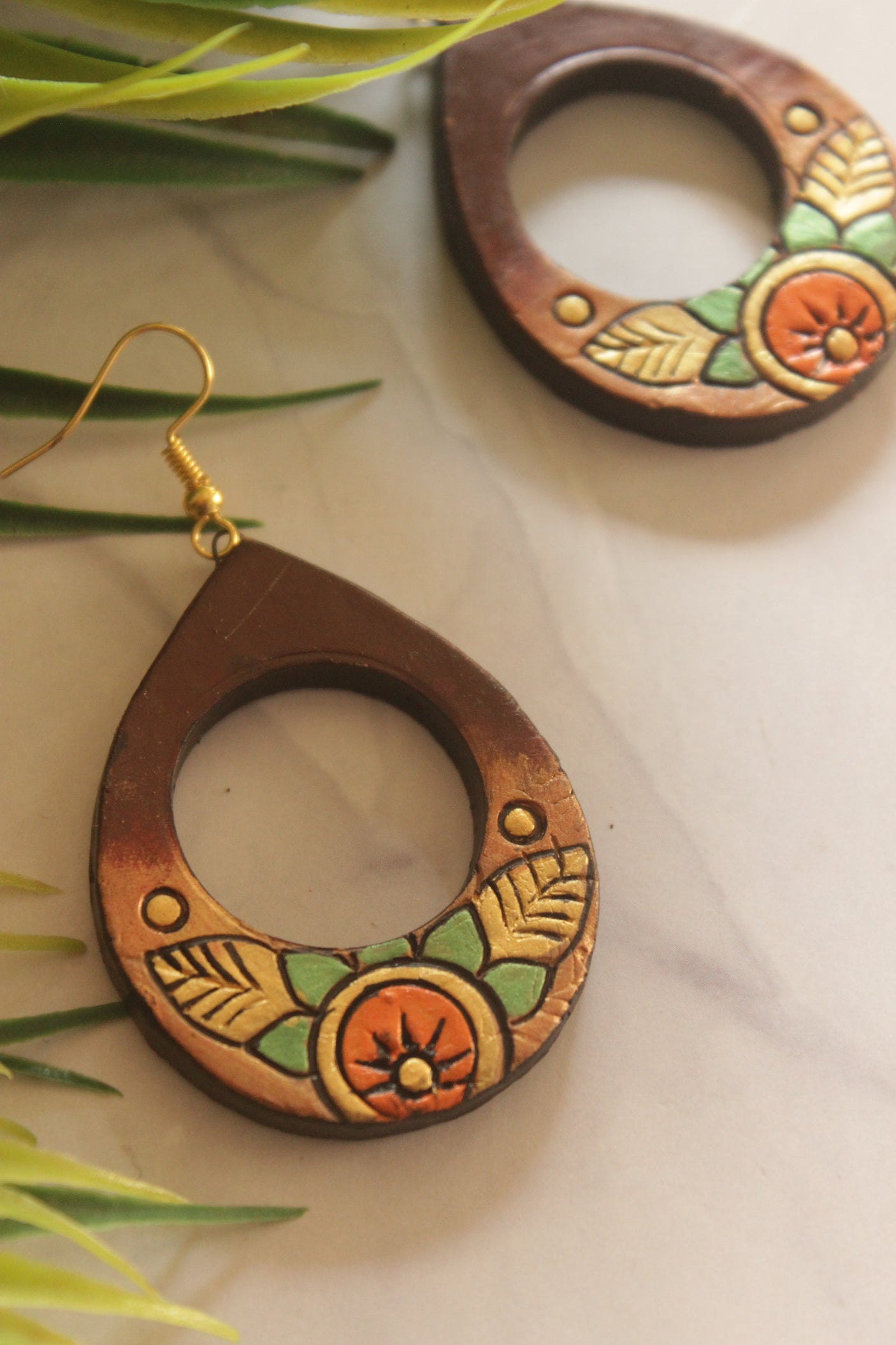 Hand Painted Terracotta Clay Tear Drop Earrings