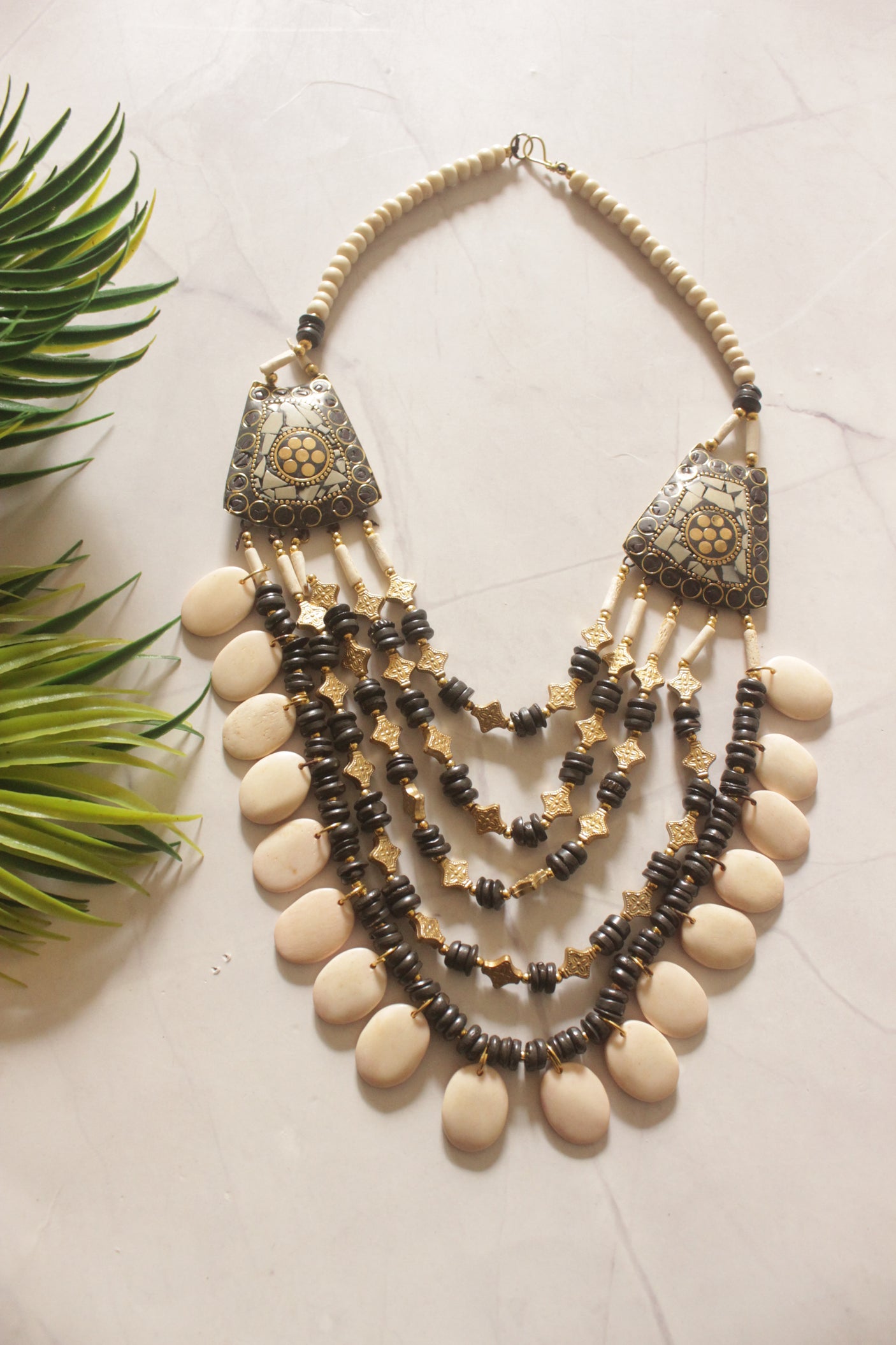 Ivory and Brown Flower Bone Beads Handcrafted Multi-Layer African Tribal Necklace