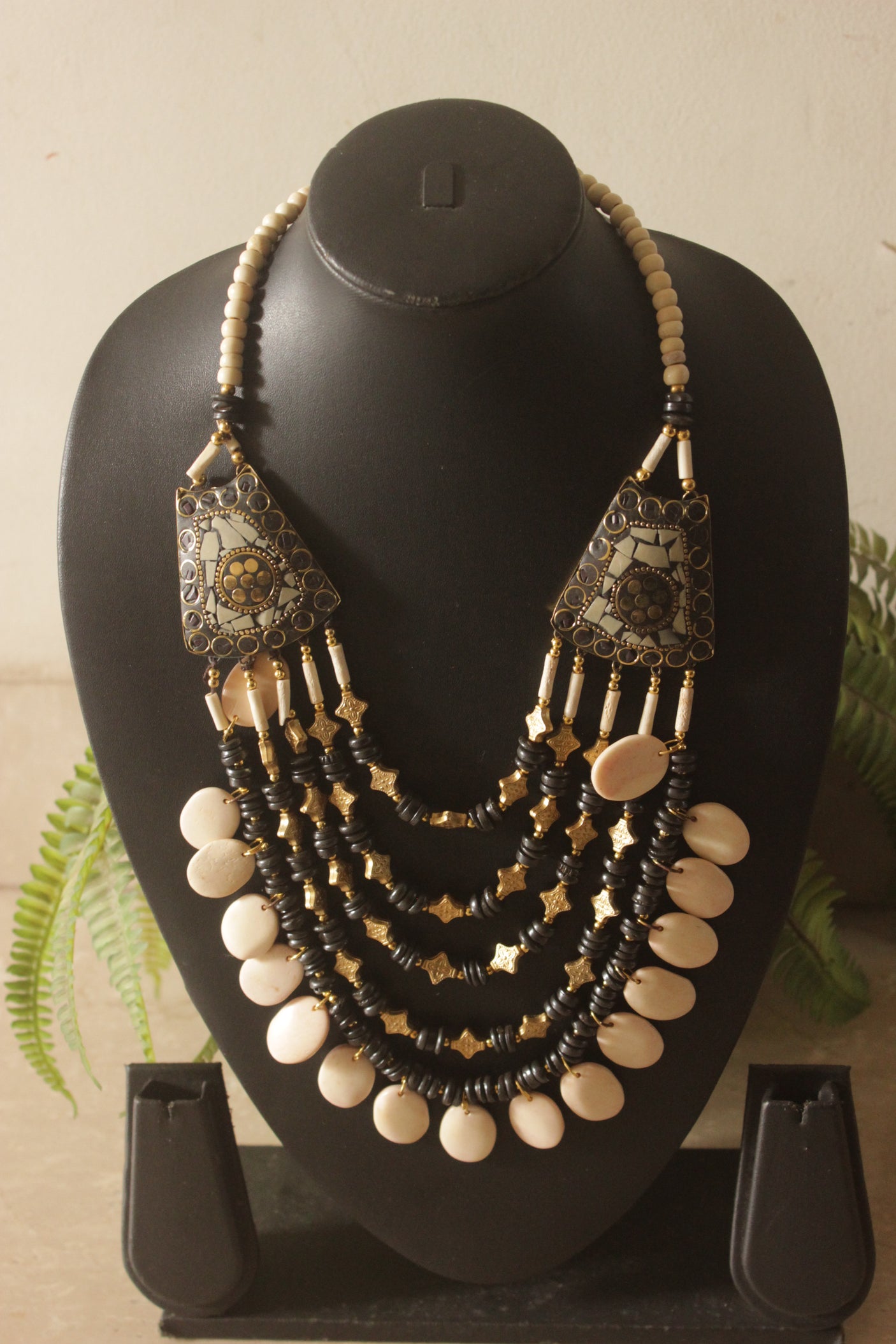 Ivory and Brown Flower Bone Beads Handcrafted Multi-Layer African Tribal Necklace