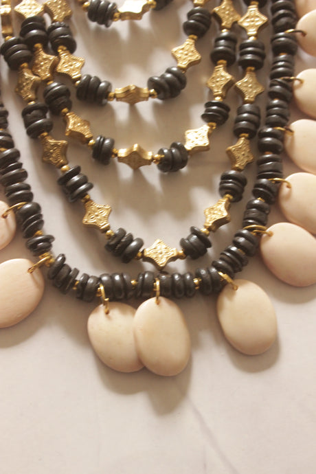 Ivory and Brown Flower Bone Beads Handcrafted Multi-Layer African Tribal Necklace