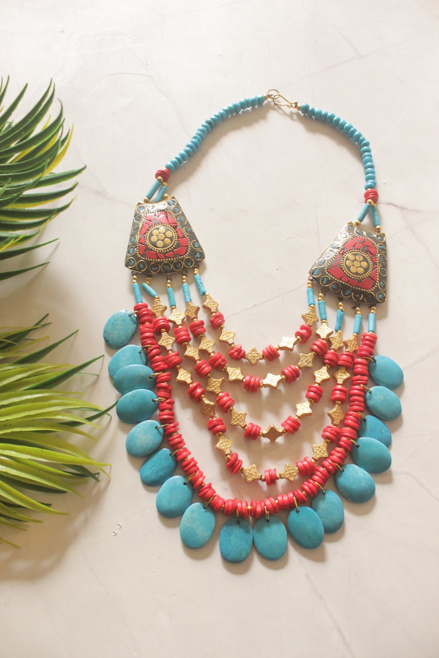 Turquoise and Red Bone Beads Handcrafted Multi-Layer African Tribal Necklace