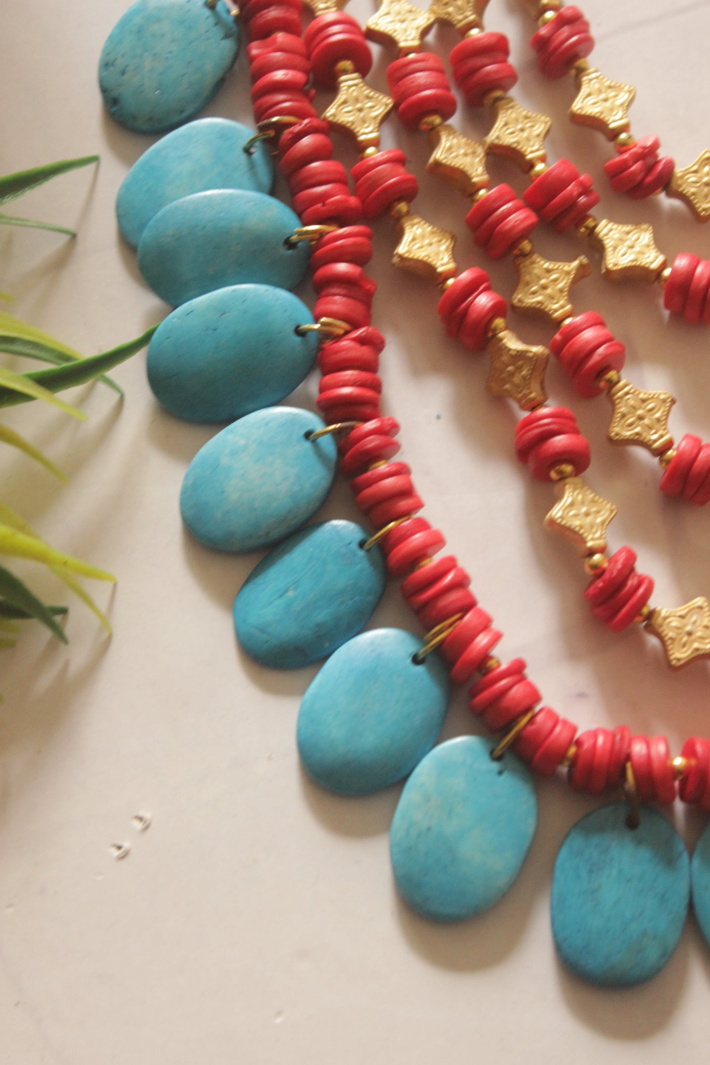Turquoise and Red Bone Beads Handcrafted Multi-Layer African Tribal Necklace
