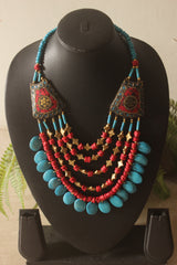 Turquoise and Red Bone Beads Handcrafted Multi-Layer African Tribal Necklace