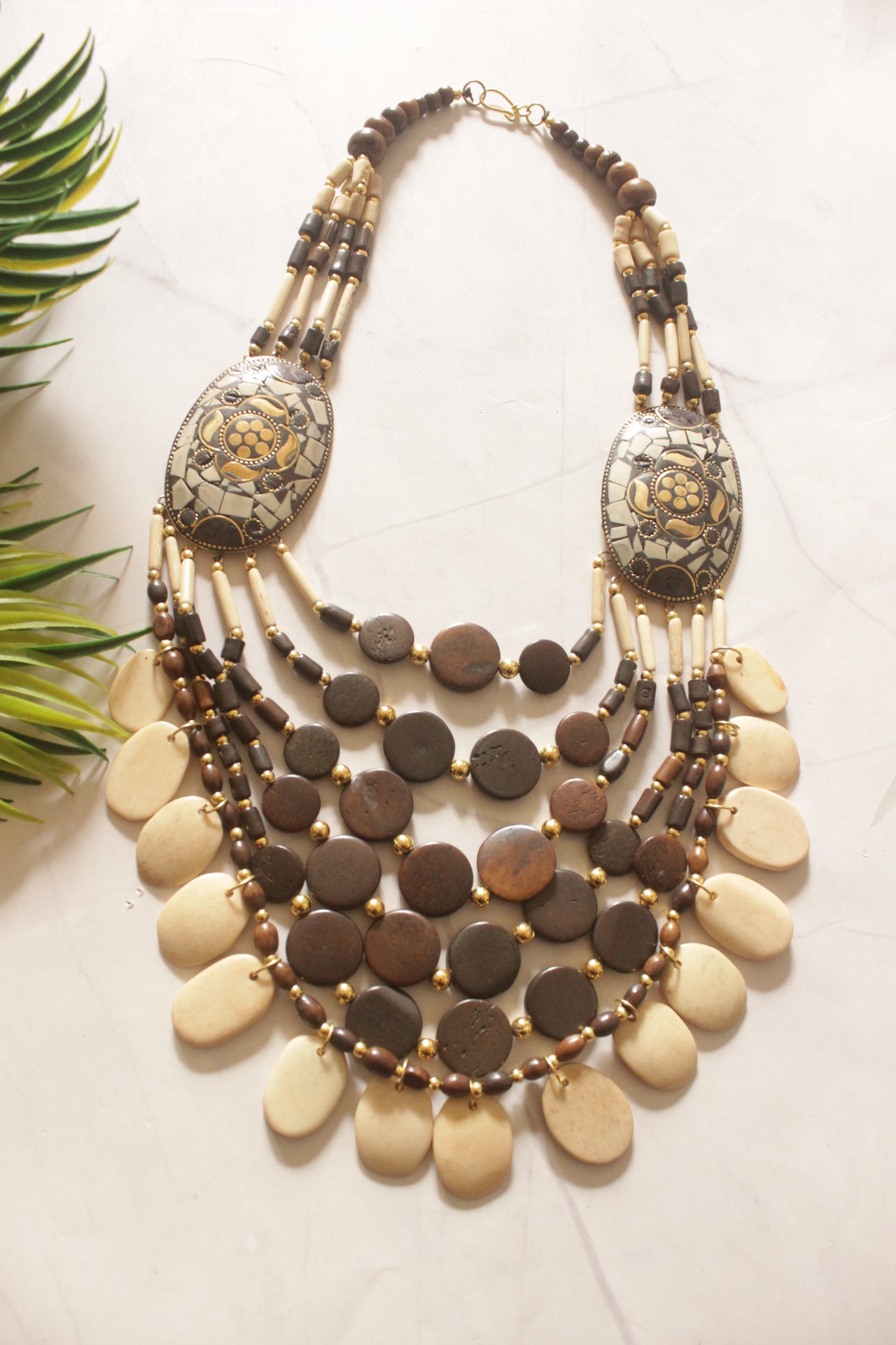 Ivory and Brown Bone Beads Handcrafted Multi-Layer African Tribal Necklace