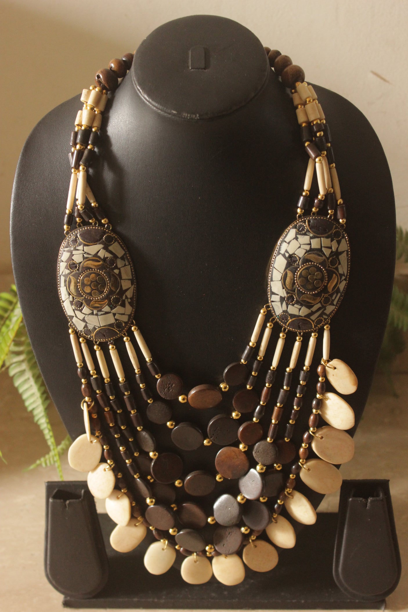 Ivory and Brown Bone Beads Handcrafted Multi-Layer African Tribal Necklace
