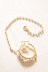 White Pearls Gold Finish Clip On Nose Ring with Chain String