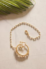 White Pearls Gold Finish Clip On Nose Ring with Chain String