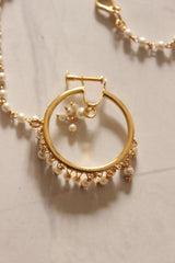 White Pearls Gold Finish Clip On Nose Ring with Chain String