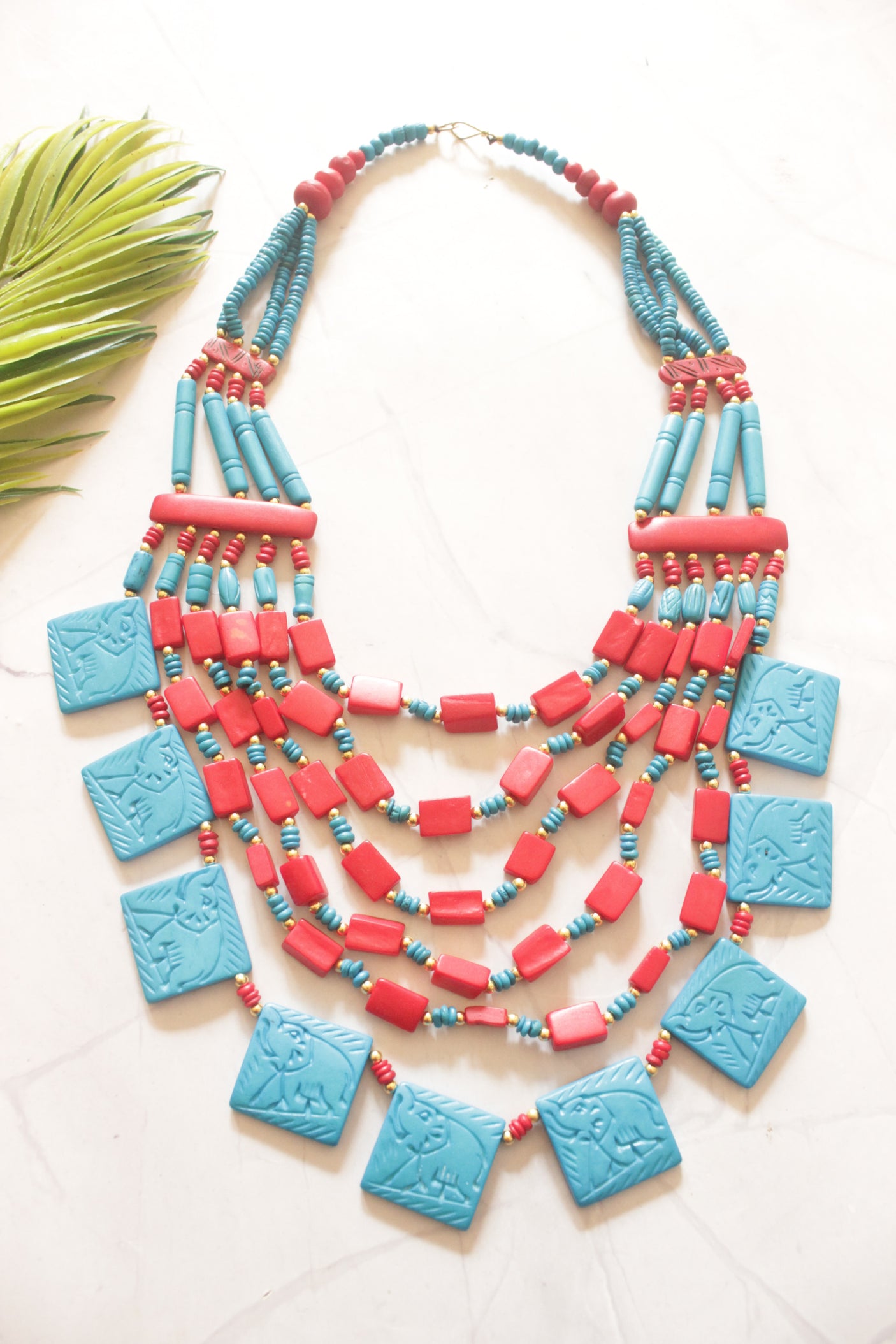 Engraved Turquoise and Red Bone Beads Handcrafted Multi-Layer African Tribal Necklace