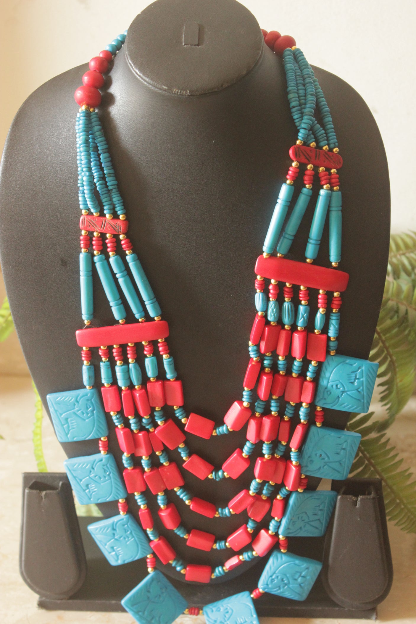 Engraved Turquoise and Red Bone Beads Handcrafted Multi-Layer African Tribal Necklace