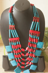 Engraved Turquoise and Red Bone Beads Handcrafted Multi-Layer African Tribal Necklace