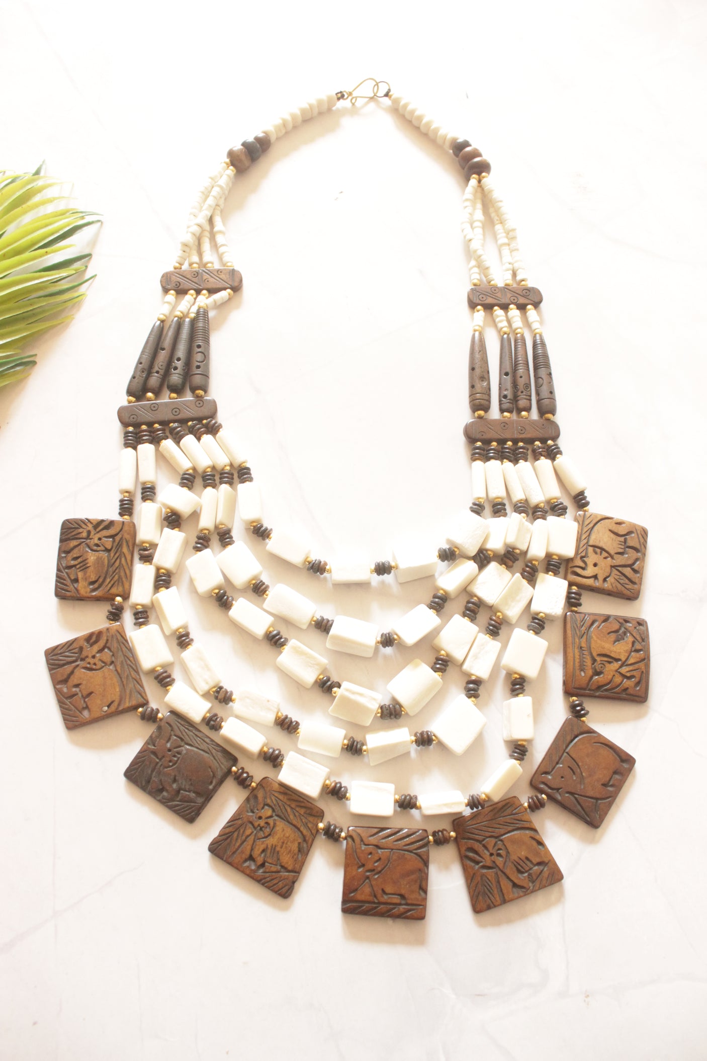 Engraved Off-White and Brown Bone Beads Handcrafted Multi-Layer African Tribal Necklace