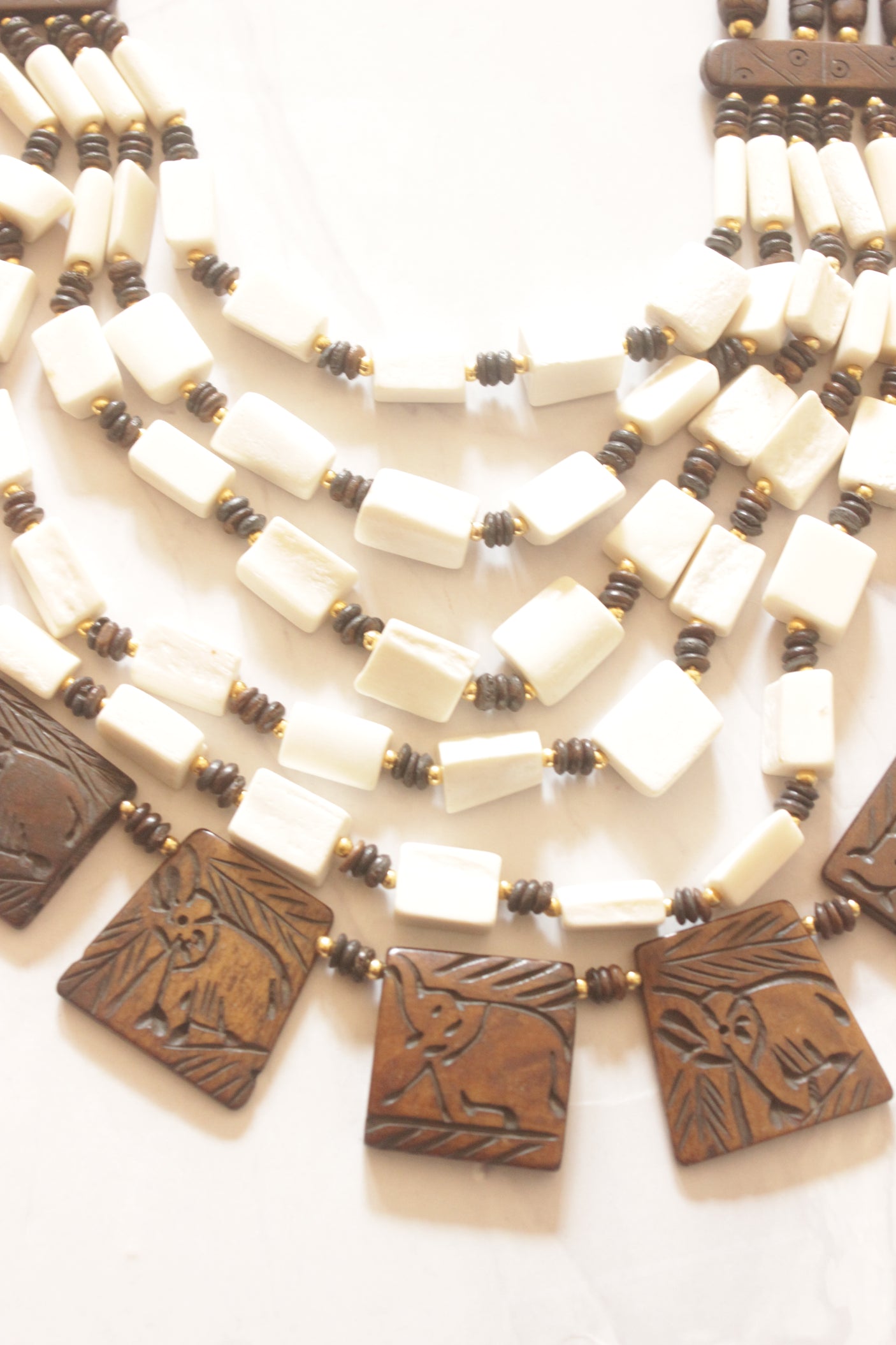 Engraved Off-White and Brown Bone Beads Handcrafted Multi-Layer African Tribal Necklace