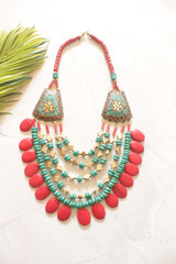 Turquoise and Red Bone Beads Handcrafted Multi-Layer African Tribal Necklace with Gold Accents
