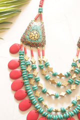 Turquoise and Red Bone Beads Handcrafted Multi-Layer African Tribal Necklace with Gold Accents