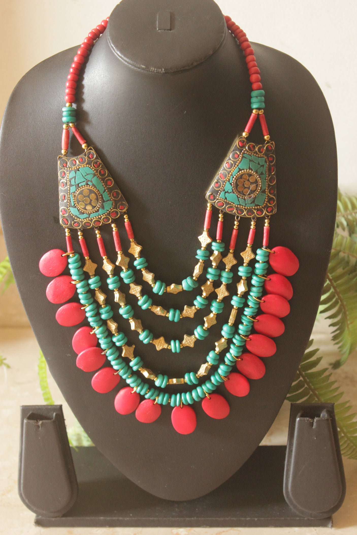 Turquoise and Red Bone Beads Handcrafted Multi-Layer African Tribal Necklace with Gold Accents