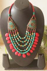 Turquoise and Red Bone Beads Handcrafted Multi-Layer African Tribal Necklace with Gold Accents