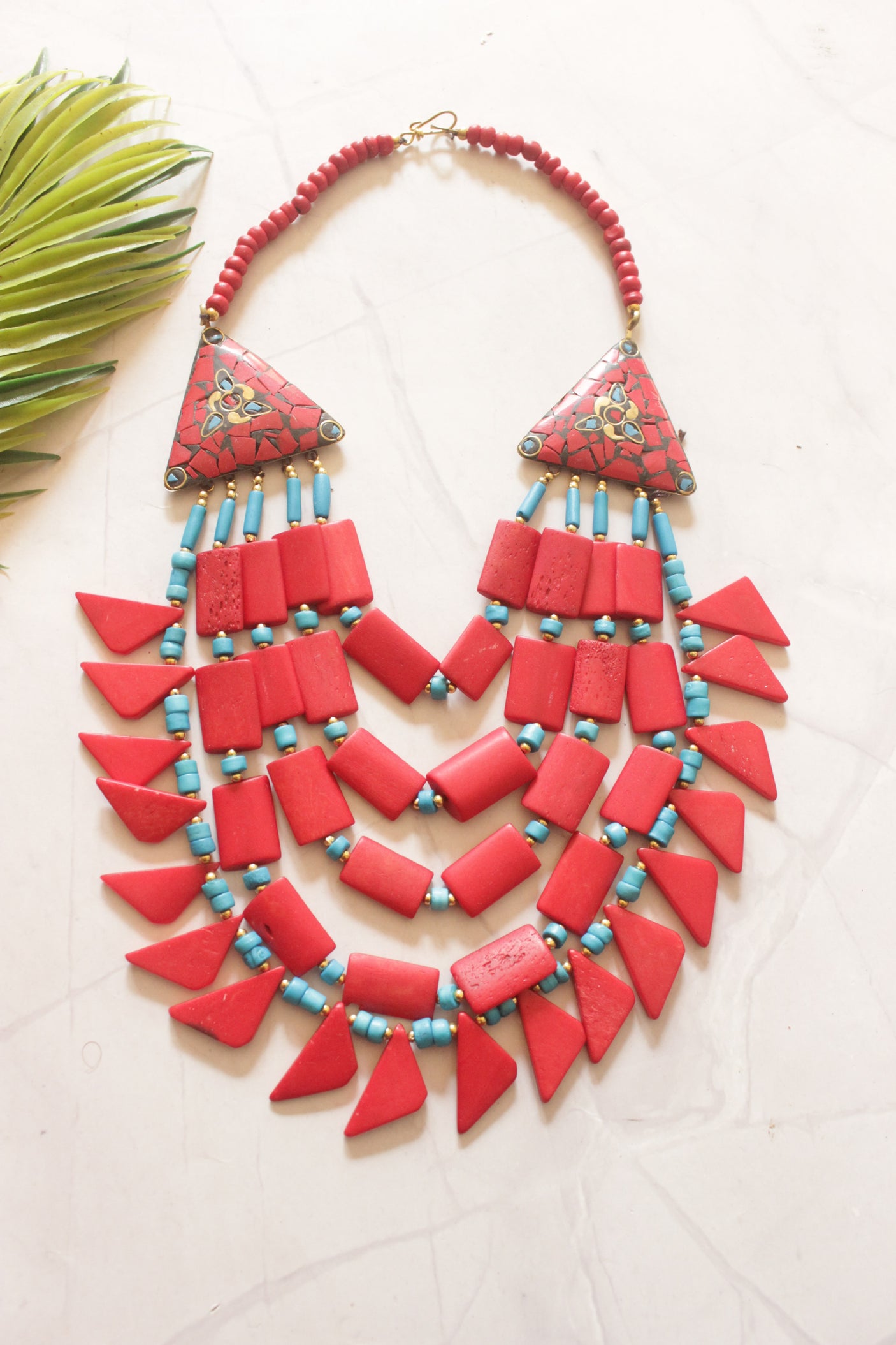 Red and Blue Bone Beads Handcrafted Multi-Layer African Tribal Necklace
