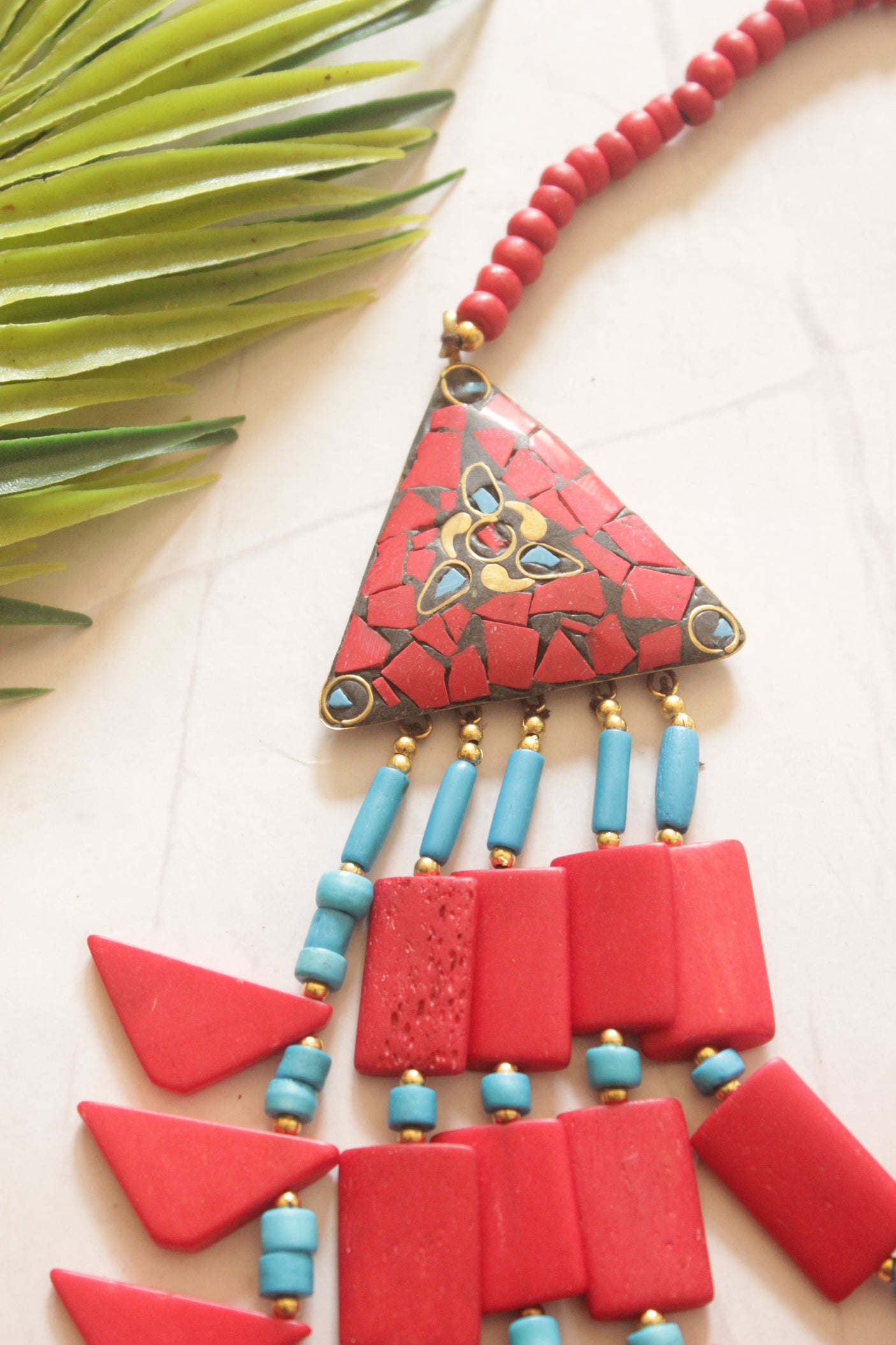 Red and Blue Bone Beads Handcrafted Multi-Layer African Tribal Necklace