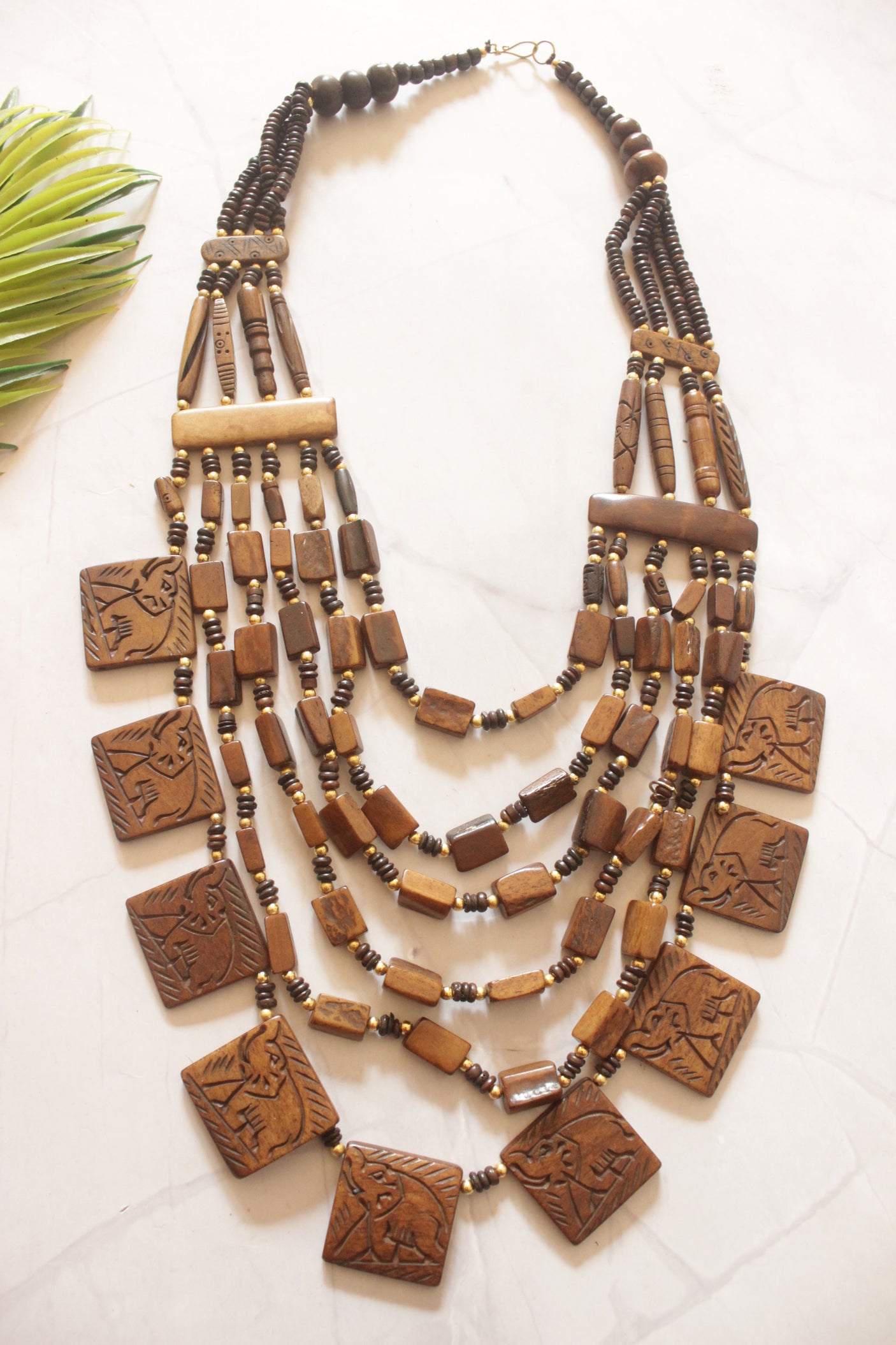 Engraved Brown Bone Beads Handcrafted Multi-Layer African Tribal Necklace