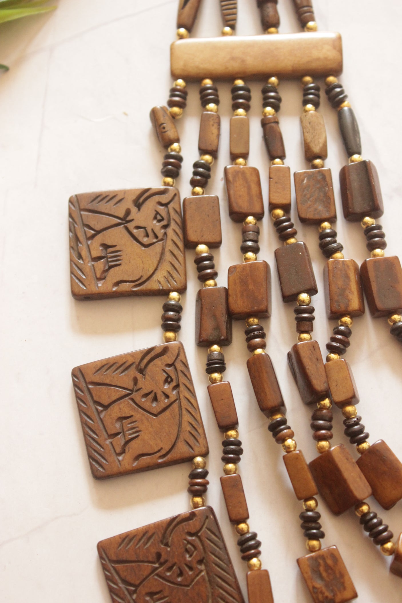 Engraved Brown Bone Beads Handcrafted Multi-Layer African Tribal Necklace