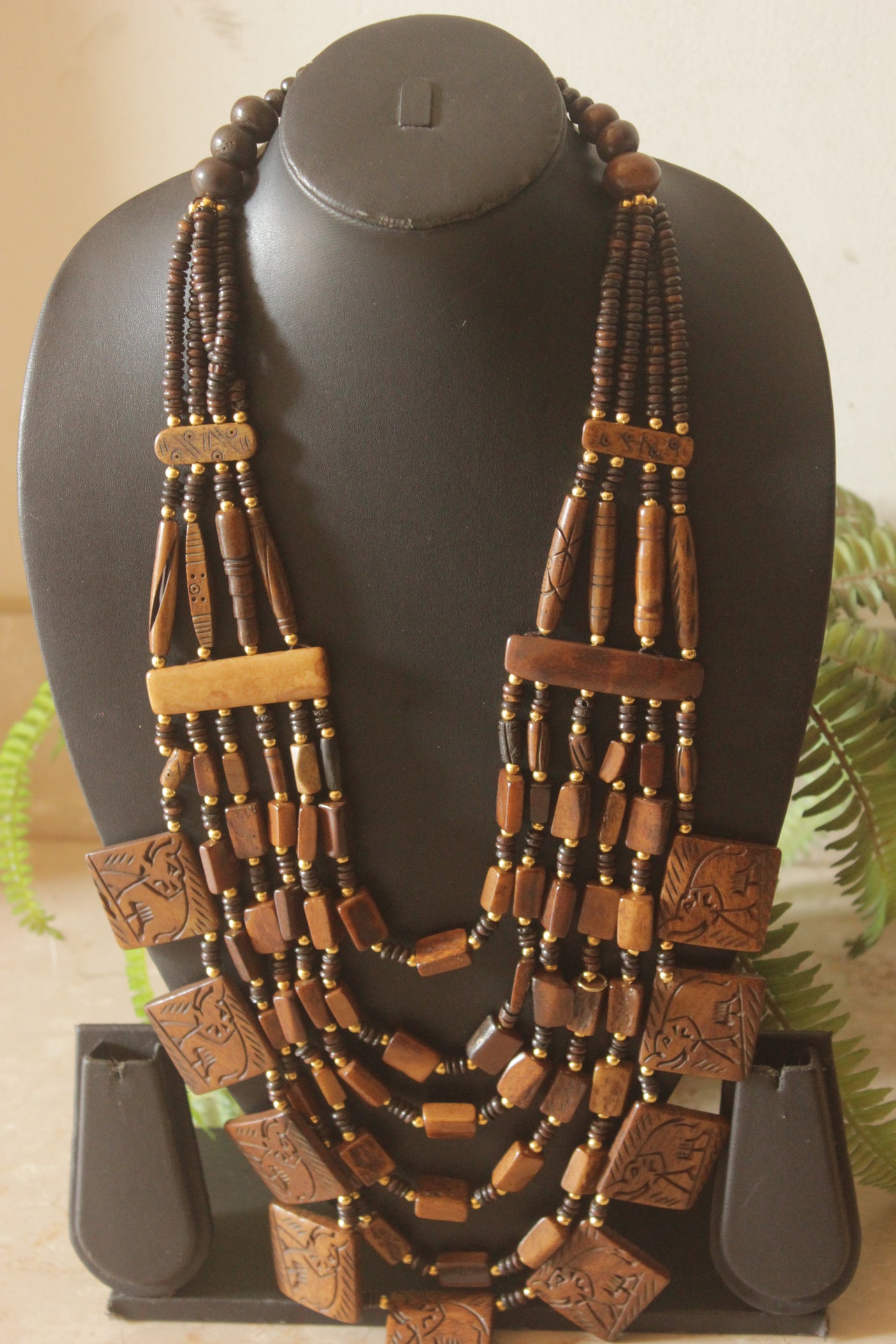 Engraved Brown Bone Beads Handcrafted Multi-Layer African Tribal Necklace