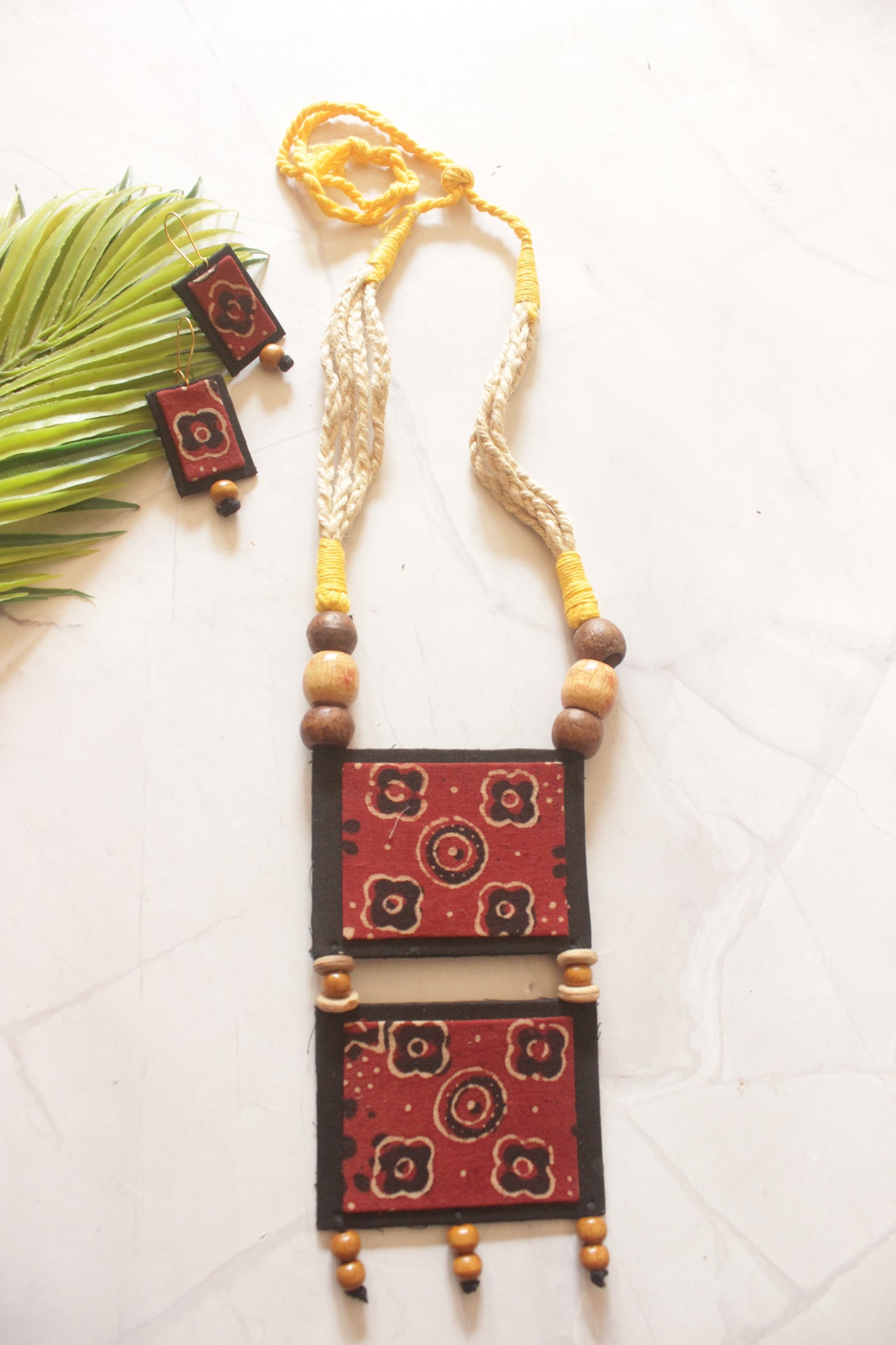 Ajrakh Fabric Handmade Necklace Set with Adjustable Thread Closure