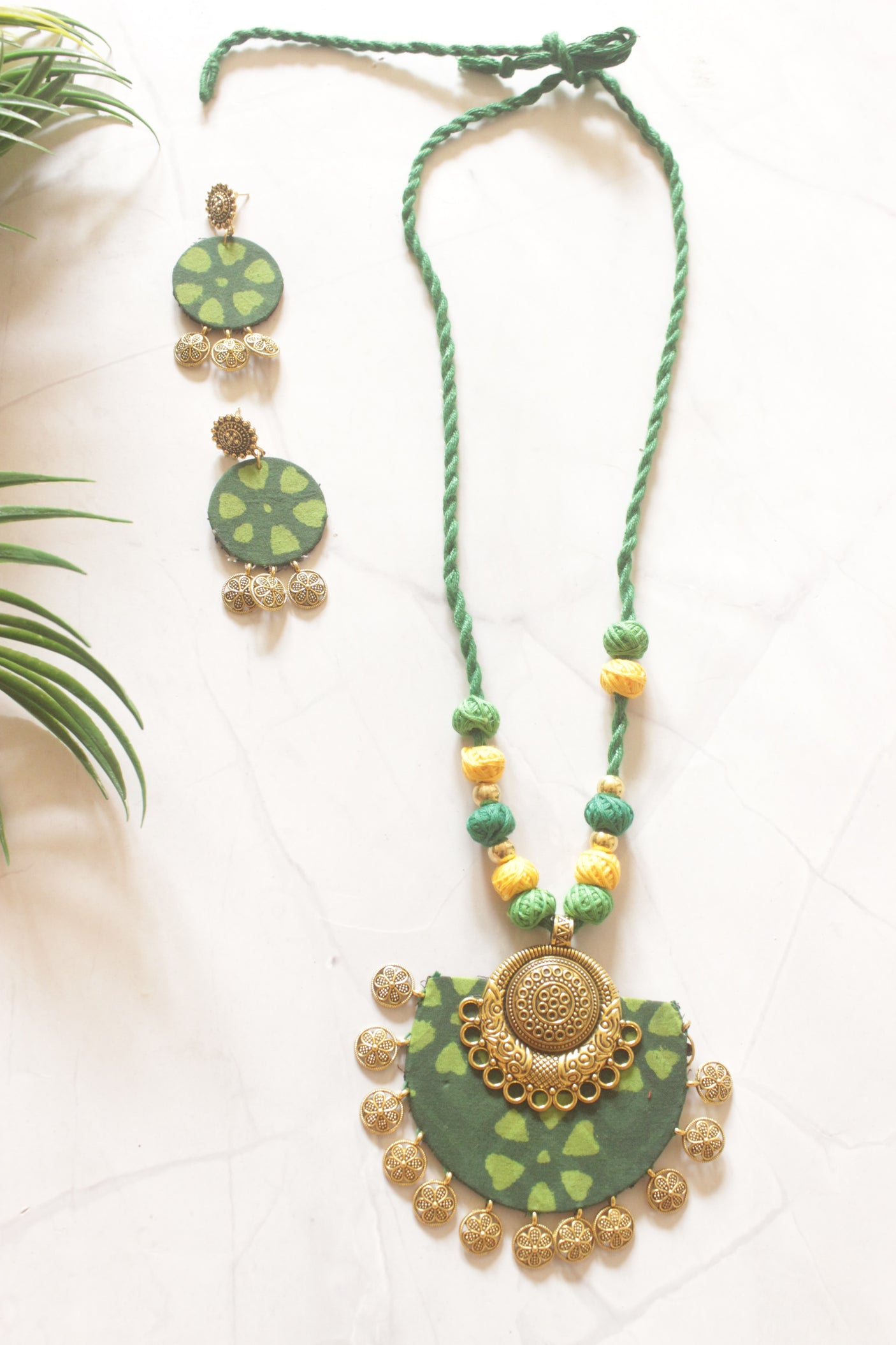 Green Batik Fabric Half Moon Gold Coin Necklace Set