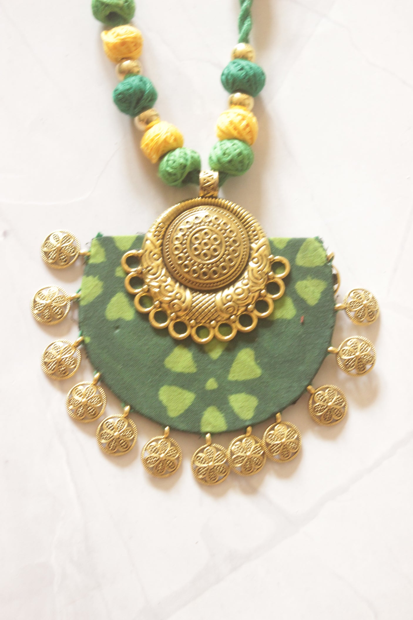 Green Batik Fabric Half Moon Gold Coin Necklace Set