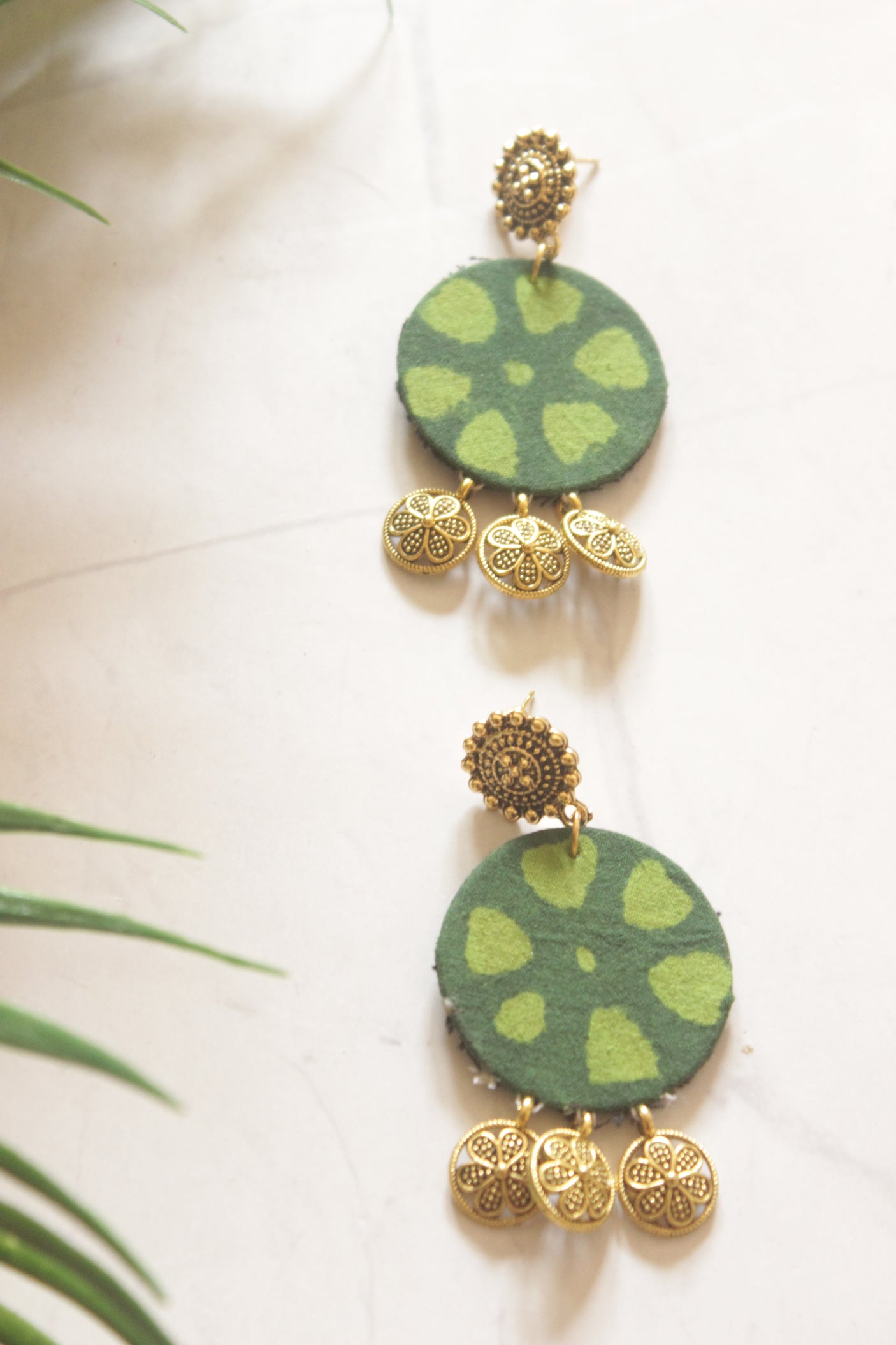 Green Batik Fabric Half Moon Gold Coin Necklace Set