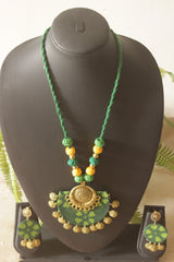 Green Batik Fabric Half Moon Gold Coin Necklace Set