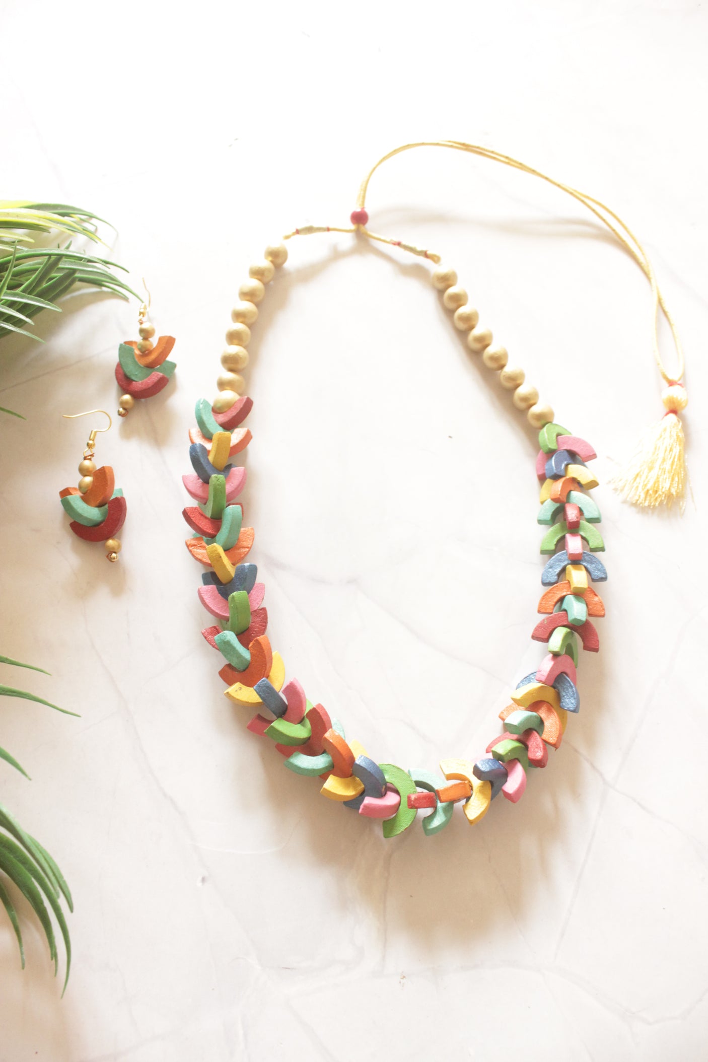 Vibrant Multi-Color Arcs Hand Painted Terracotta Clay Necklace Set
