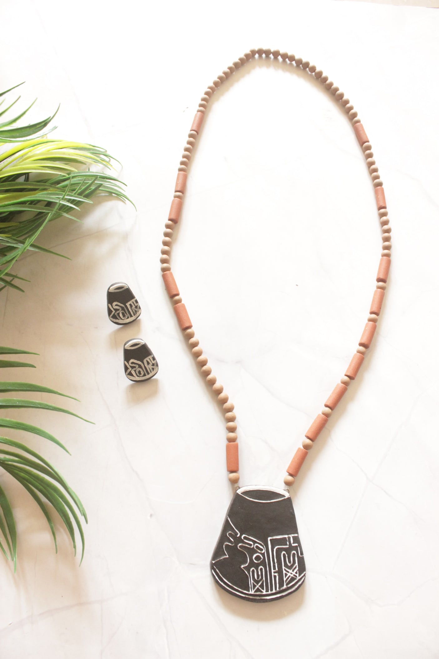 Earthy Hand Painted Terracotta Clay Necklace Set