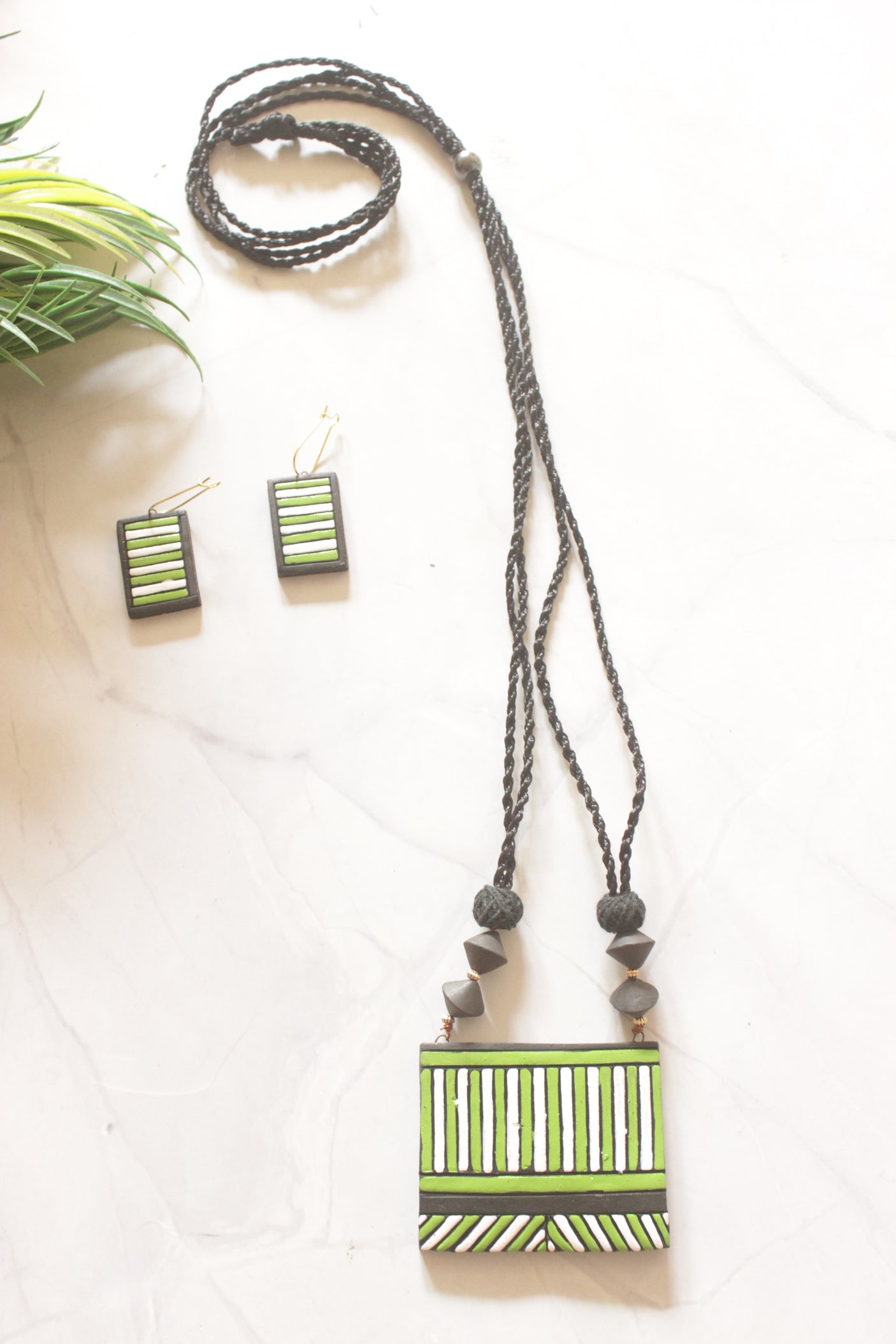Pattachitra Stripe Handcrafted Terracotta Clay Necklace Set