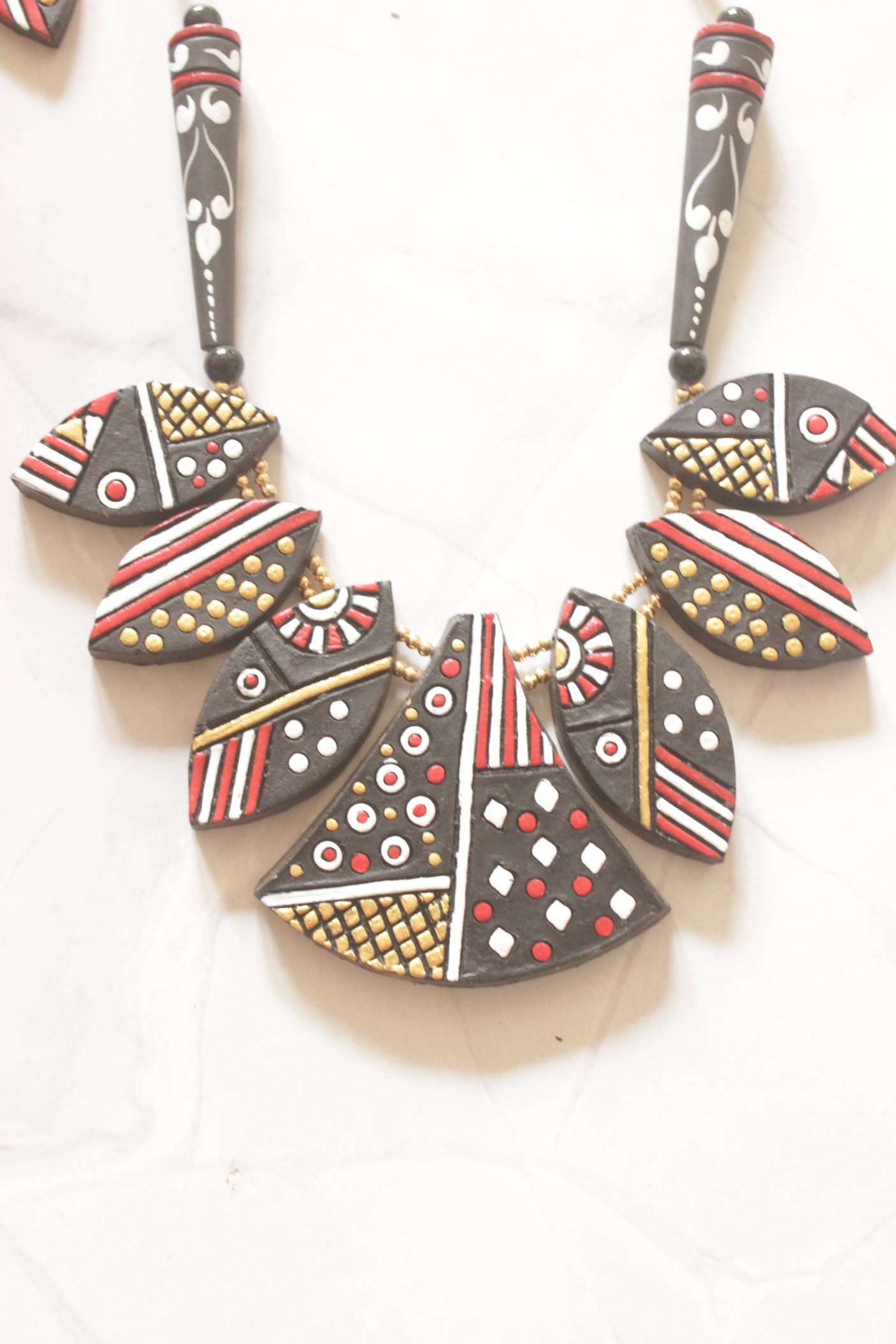 Gond Art Petal Handcrafted Terracotta Clay Collar Necklace Set